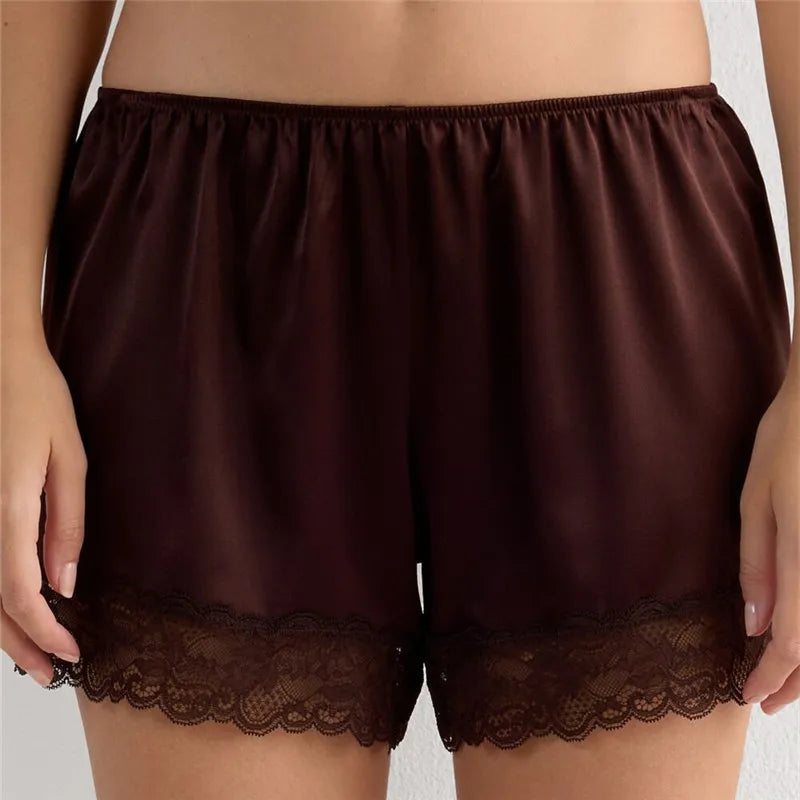 Women's brown high-waist shorts with lace trim for lounge wear