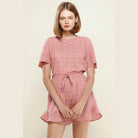 Pleione women's high waist summer shorts in pink with adjustable drawstring waist and ruffle hem