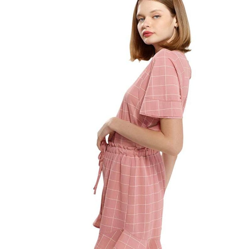 Pleione high waist summer shorts in pink check pattern featuring a comfortable elastic waistband