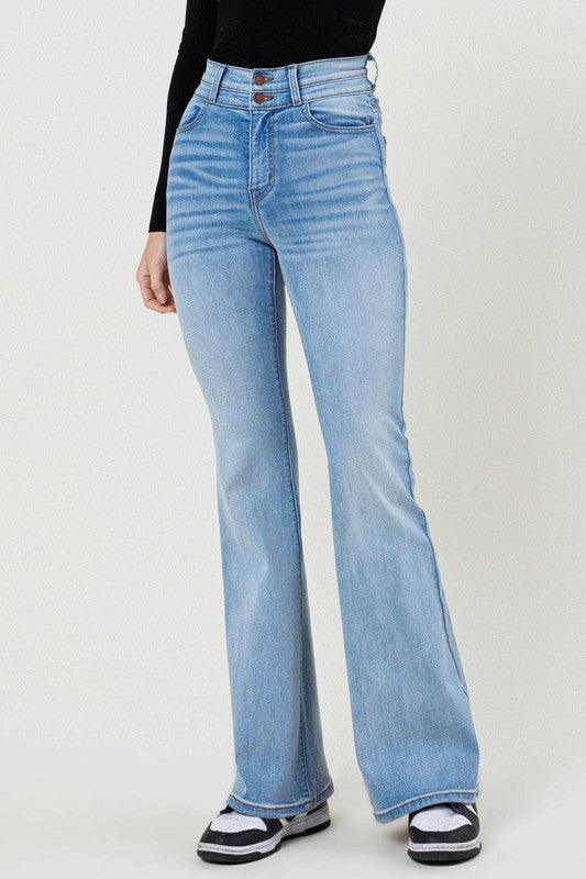 Light Stone Highwaisted Distressed Bell Bottoms