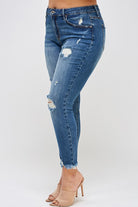 Insane Gene high waisted plus size distressed denim jeans in blue with frayed hem and ripped details
