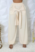 VacationGrabs women's high waisted stretch pants in cream with tie belt and elastic waistband