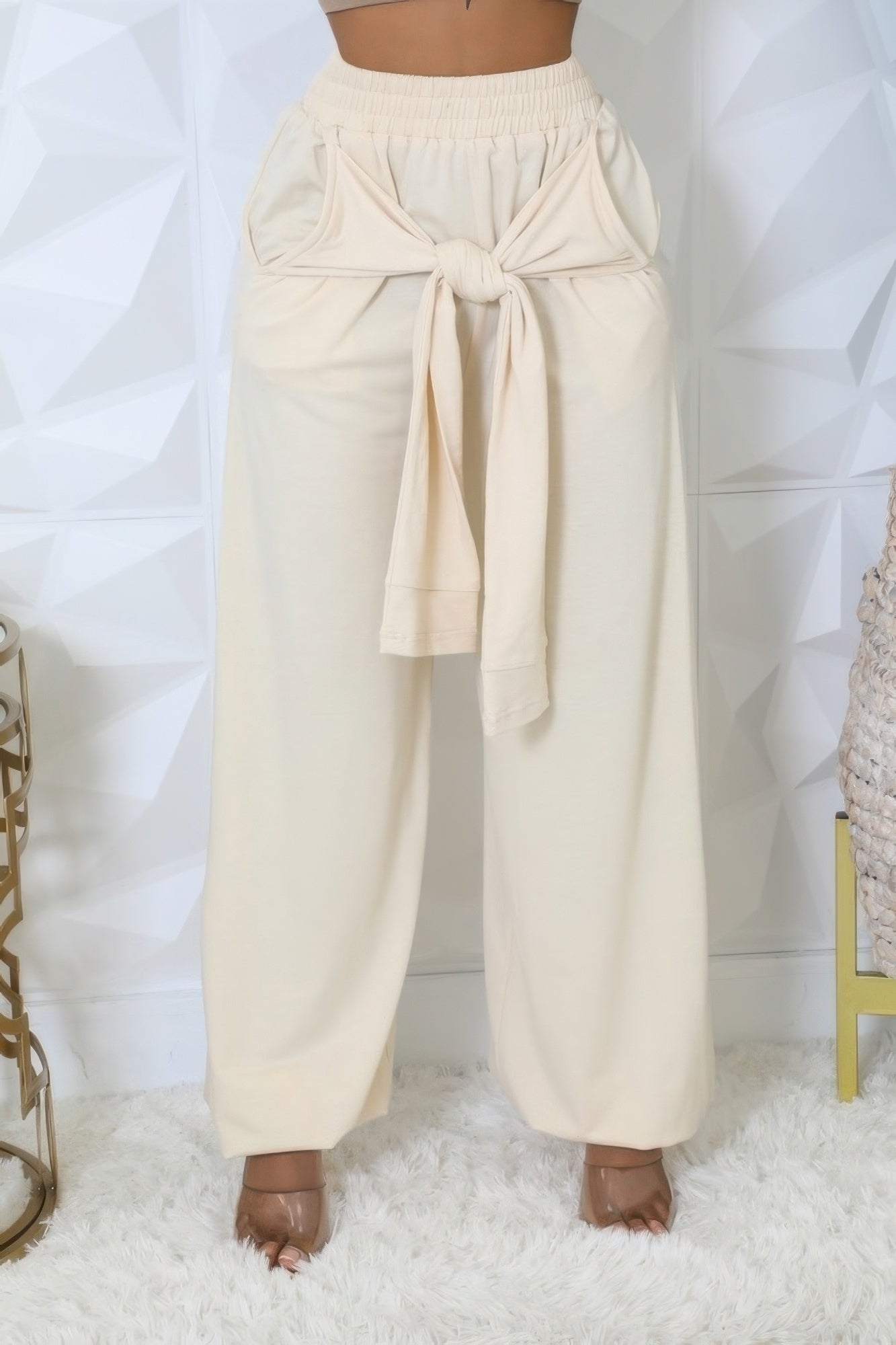 VacationGrabs women's high waisted stretch pants in cream with tie belt and elastic waistband