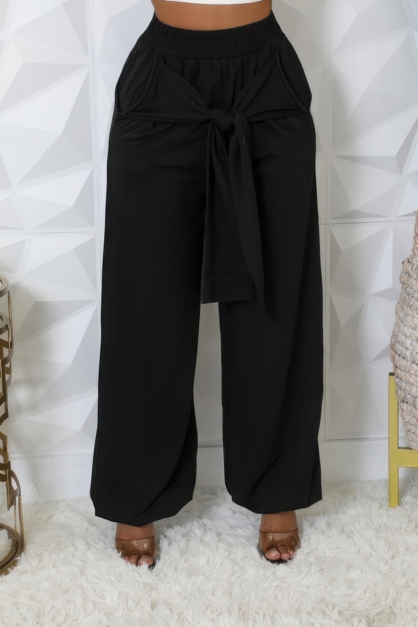 VacationGrabs women's black high waisted stretch pants with tie front detail and wide leg fit