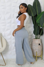 VacationGrabs women's high waisted stretch pants in light gray with wide legs and comfortable fit