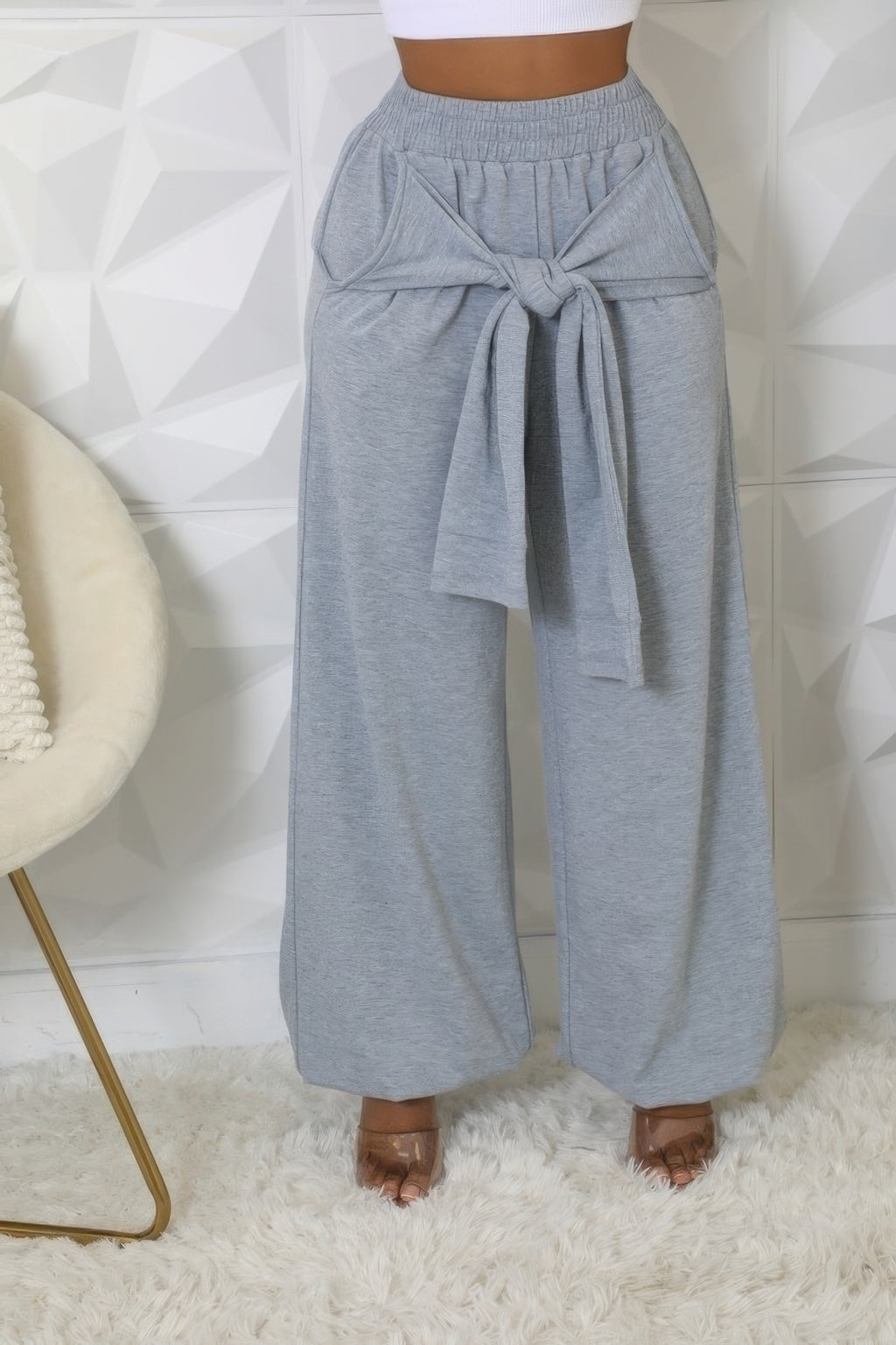 VacationGrabs women's high waisted stretch pants in gray with a tied bow detail and wide legs