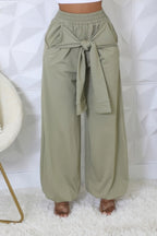 VacationGrabs women's high waisted stretch pants in olive green with tie waist and wide legs