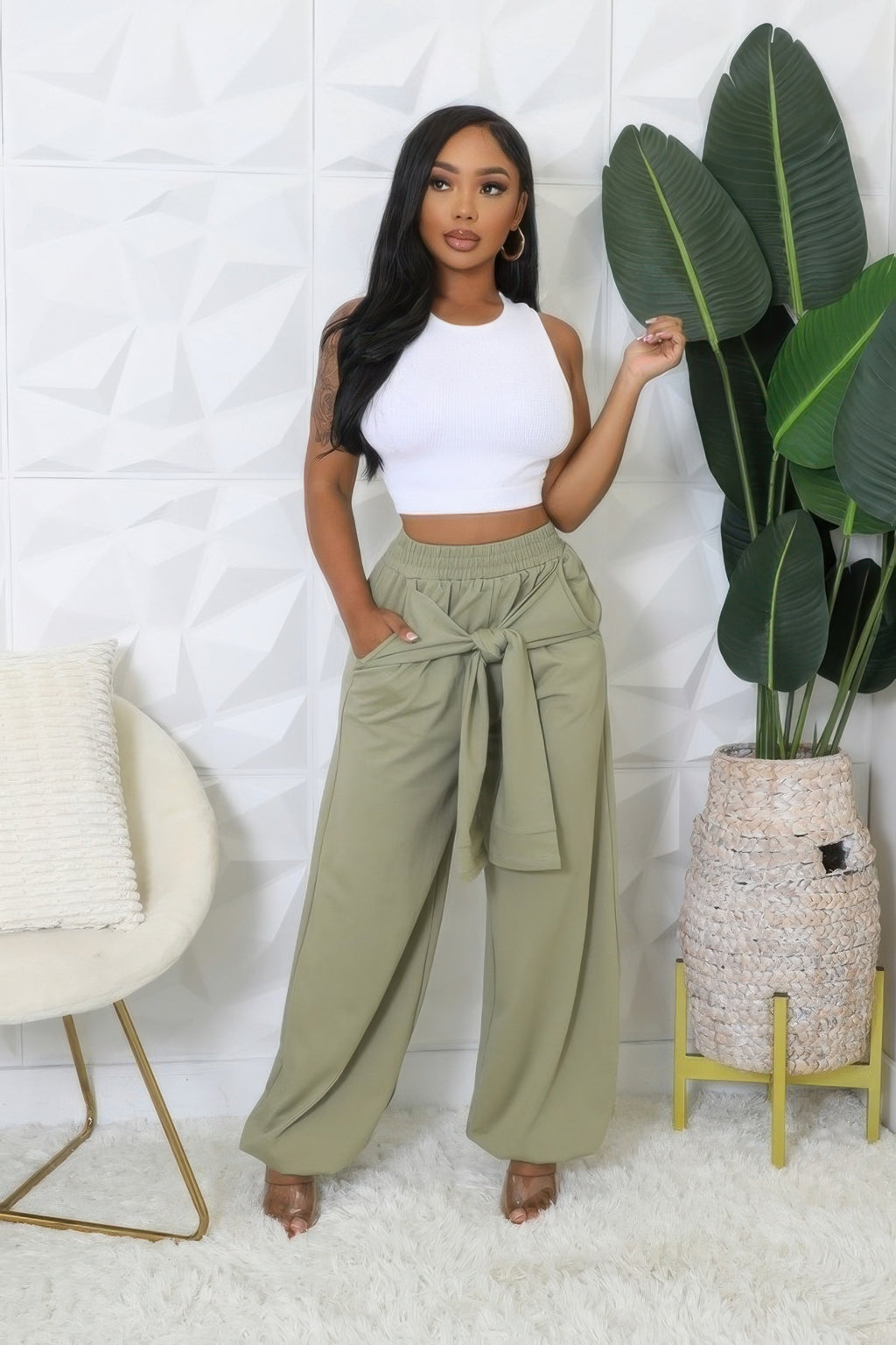 VacationGrabs women's high waisted stretch pants in olive green with a tied waist and wide legs