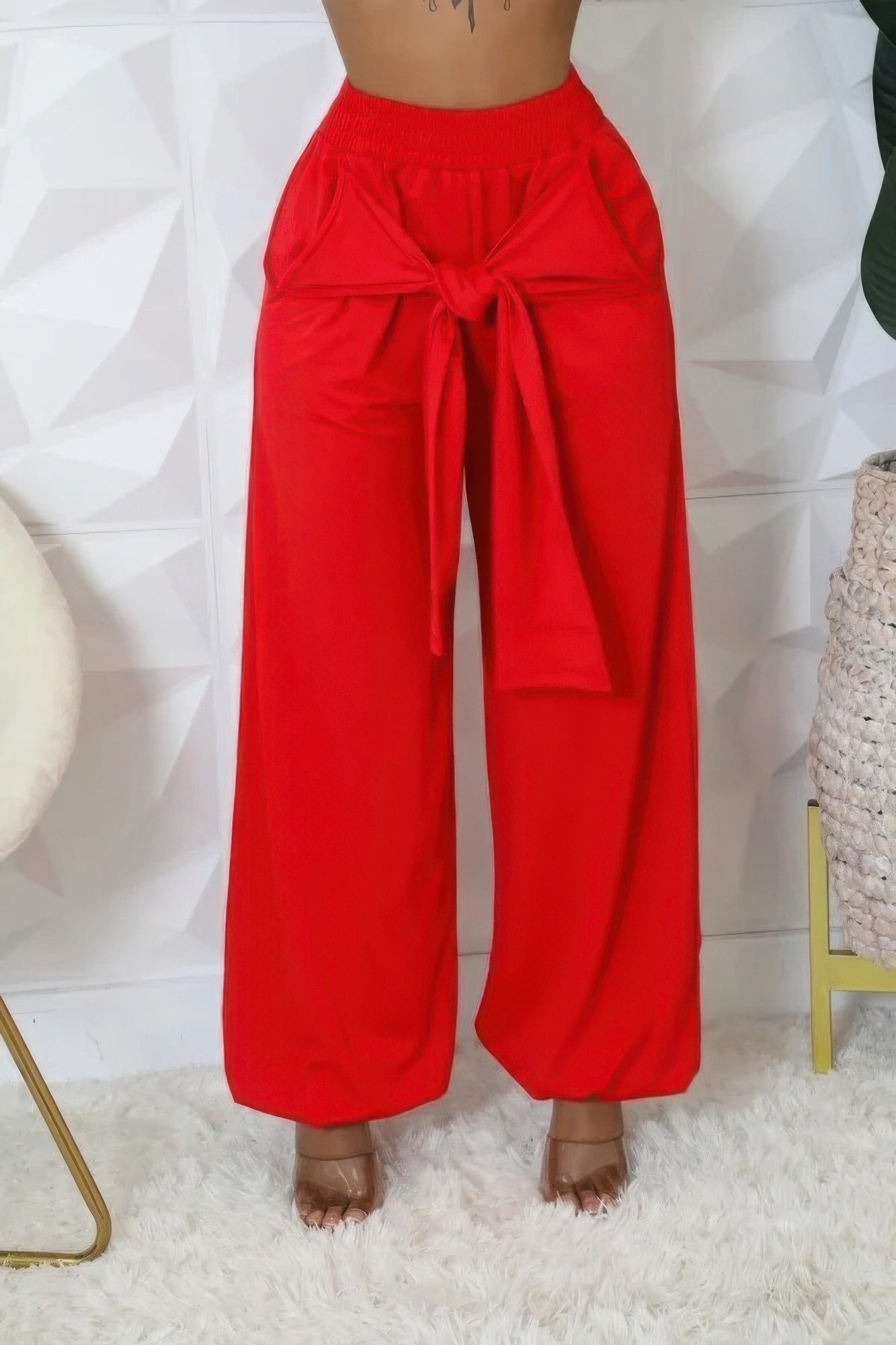 VacationGrabs women's high waisted stretch pants in vibrant red with a tied waist and wide leg design
