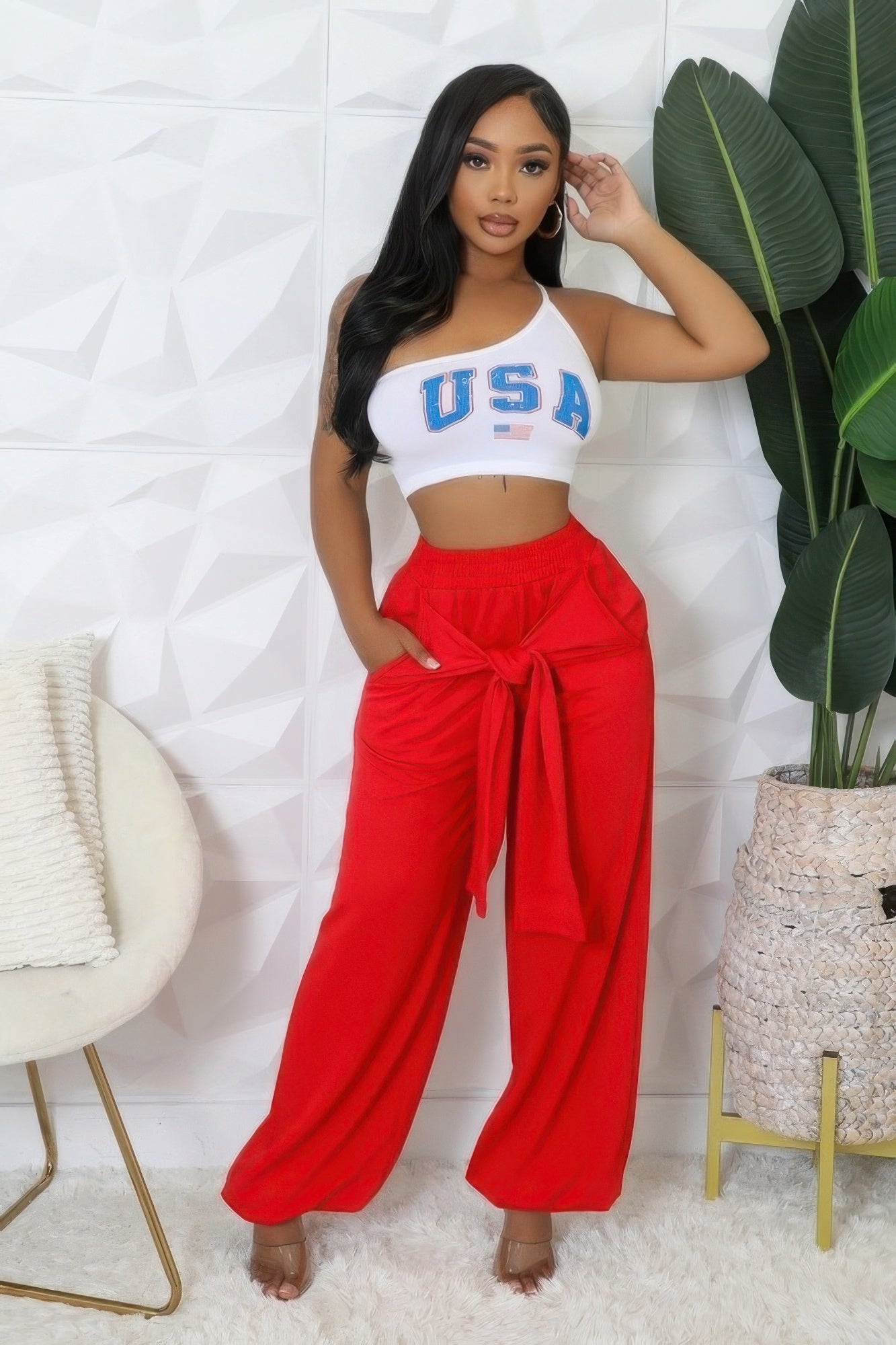 VacationGrabs women's high waisted stretch pants in bright red with a tied waist detail