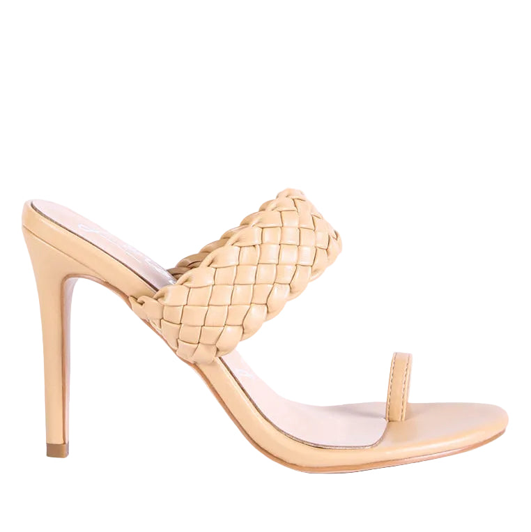 Beige high-heeled sandal with woven design on a white background