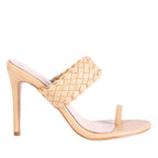 Beige high-heeled sandal with woven design on a white background