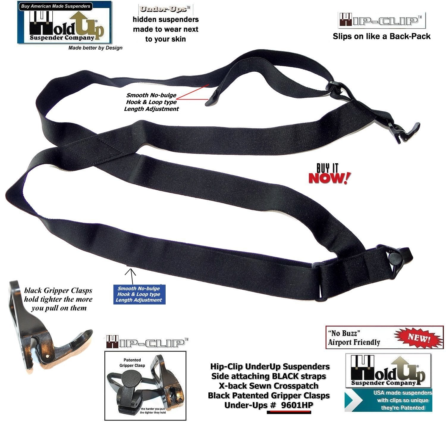Black Hip-Clip UnderUp Suspenders, adjustable for secure fit