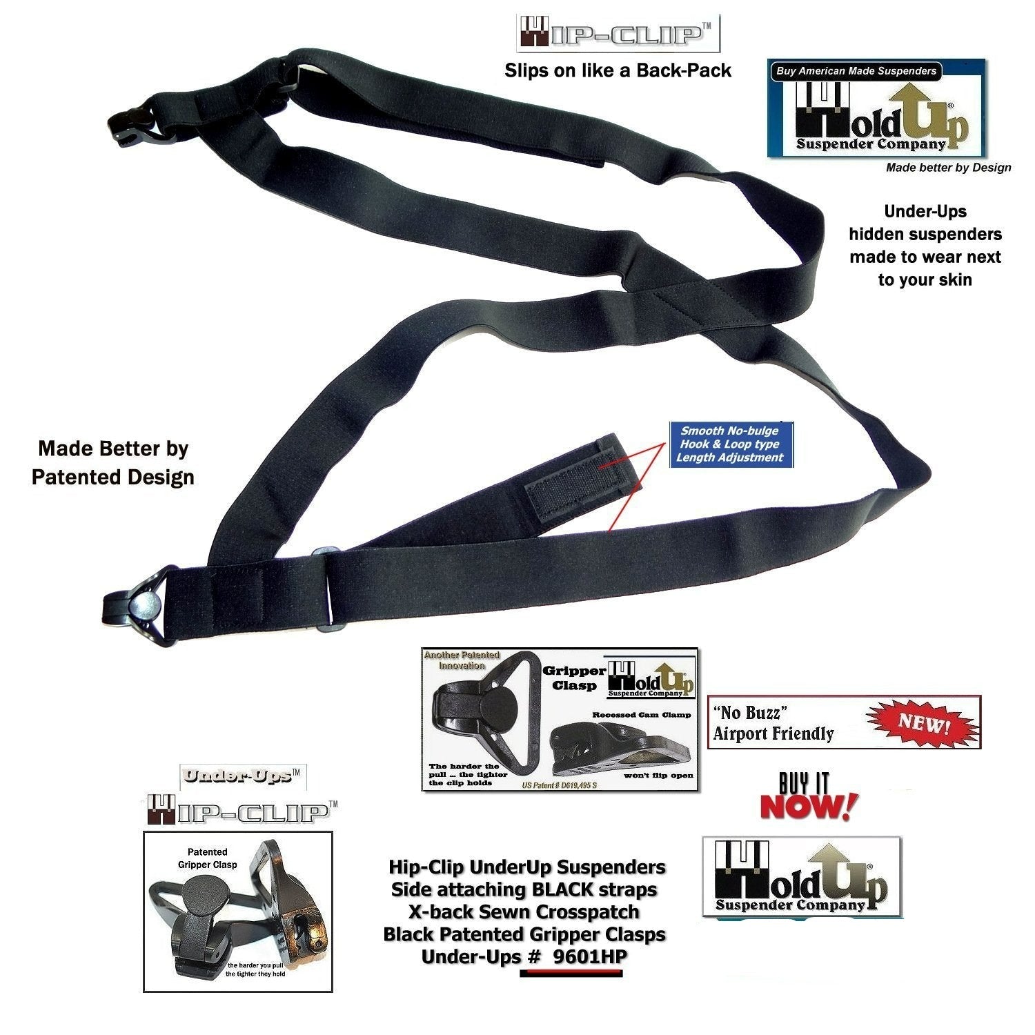 Holdup Under-Up Suspenders in black, perfect for secure backpack use