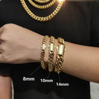 Hip hop stainless steel bracelet for men in gold, featuring three sizes: 8mm, 10mm, and 14mm width