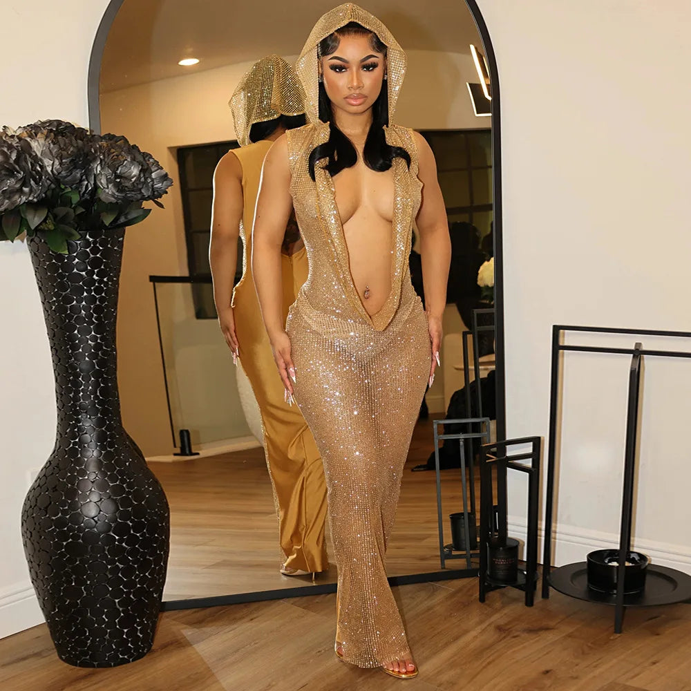 Gold sequin hooded bodycon dress for women with deep plunge neckline and sleeveless design
