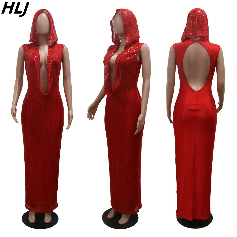 Red hooded bodycon dress for women with deep V neckline and open back design on mannequin