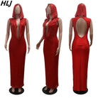 Red hooded bodycon dress for women with deep V neckline and open back design on mannequin