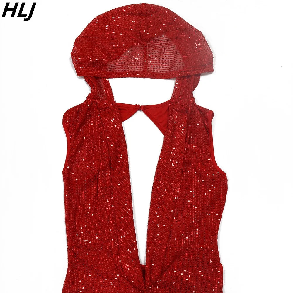 Red sequined hooded bodycon dress for women with sleeveless design and deep neckline