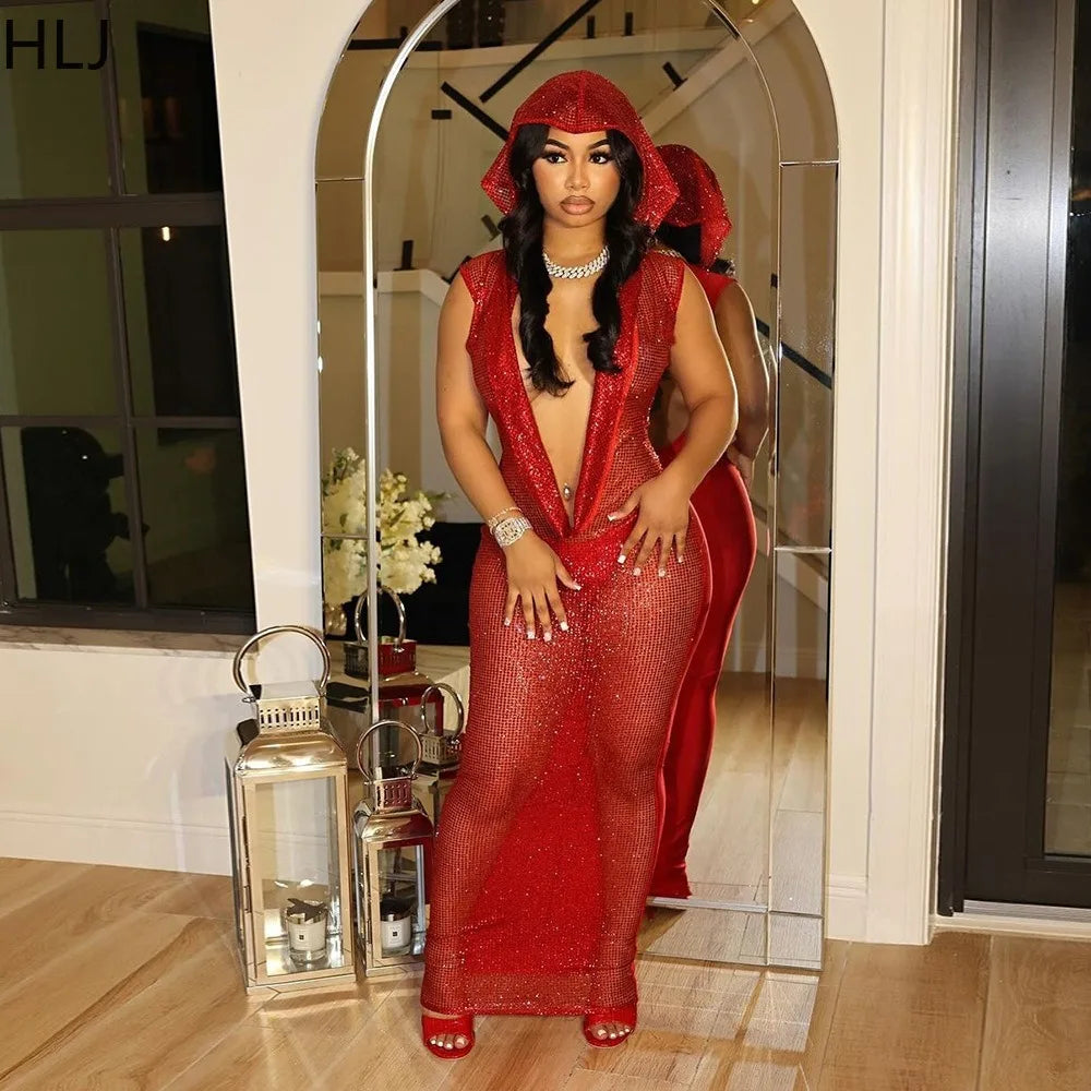 Woman wearing a red hooded bodycon dress for women with deep plunging neckline and sparkly fabric