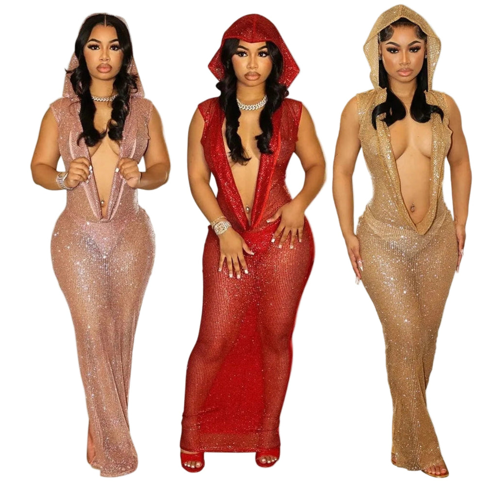 Three women wearing glittery hooded bodycon dress for women in pink red and gold colors