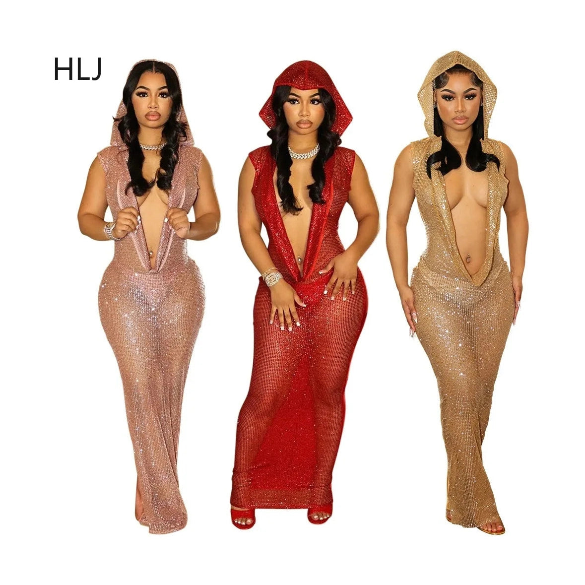 Three women wearing glittery hooded bodycon dress for women in pink red and gold colors