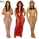 Three women wearing glittery hooded bodycon dress for women in pink red and gold colors