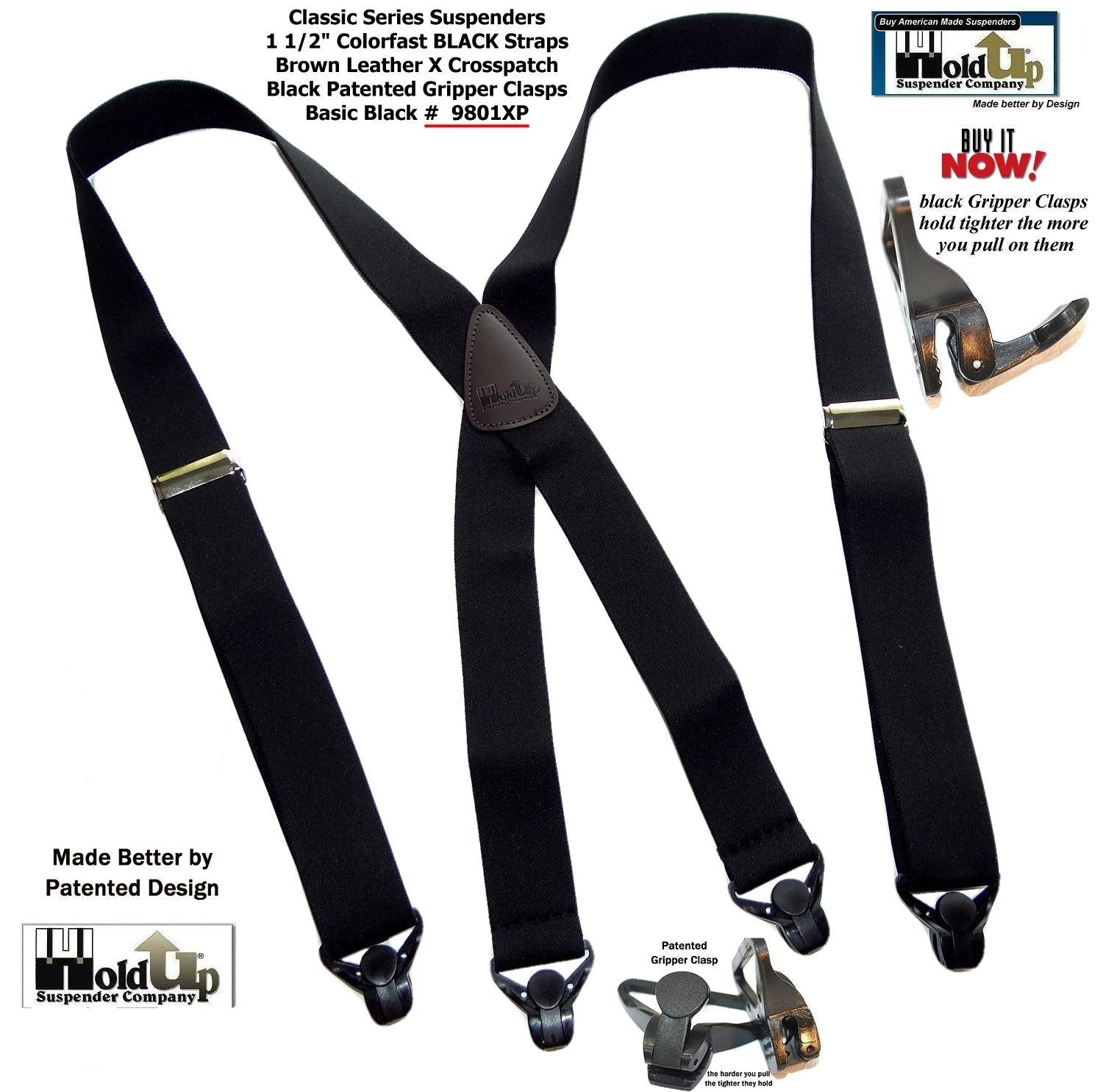 Men's black suspenders with patented gripper clasps for secure fit