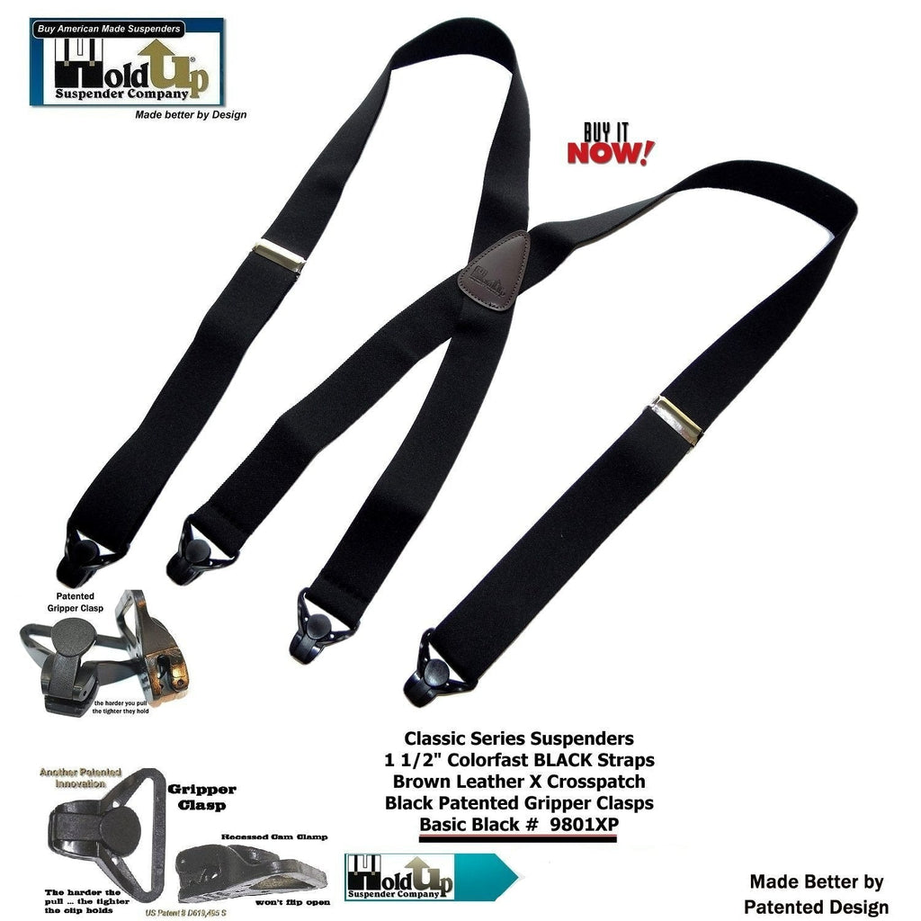 Classic black suspenders with patented gripper clasps for added support
