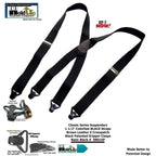 Classic black suspenders with patented gripper clasps for added support
