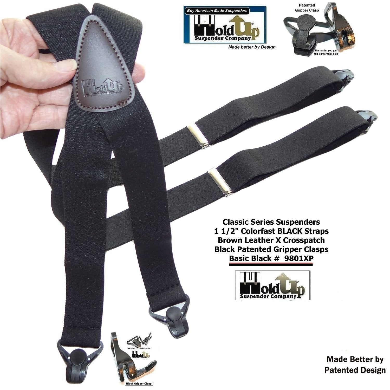 black suspenders with leather crosspatch, ideal for formal outfits