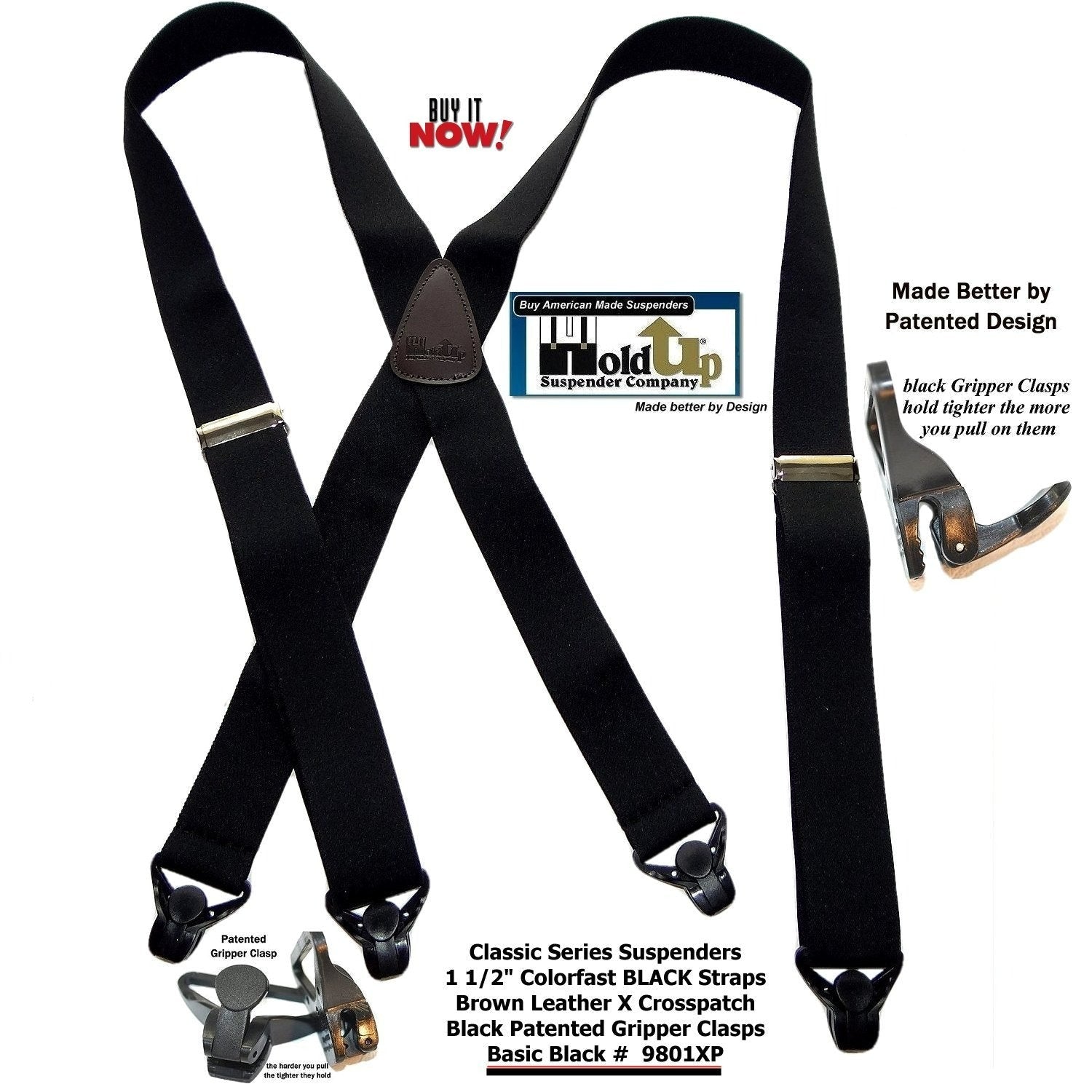 Black suspenders from Holdup, durable design with brown leather accents