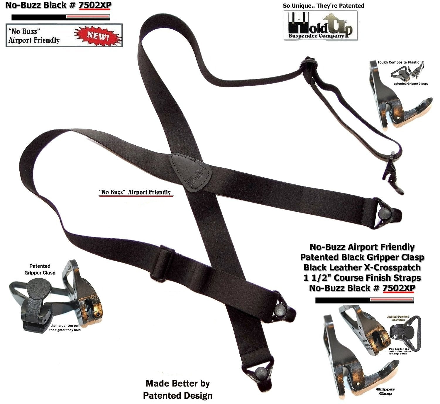 Men's No-Buzz Black Airport Friendly Suspenders with Leather Straps