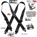 No-Buzz black suspenders with gripper clasp, ideal for travel