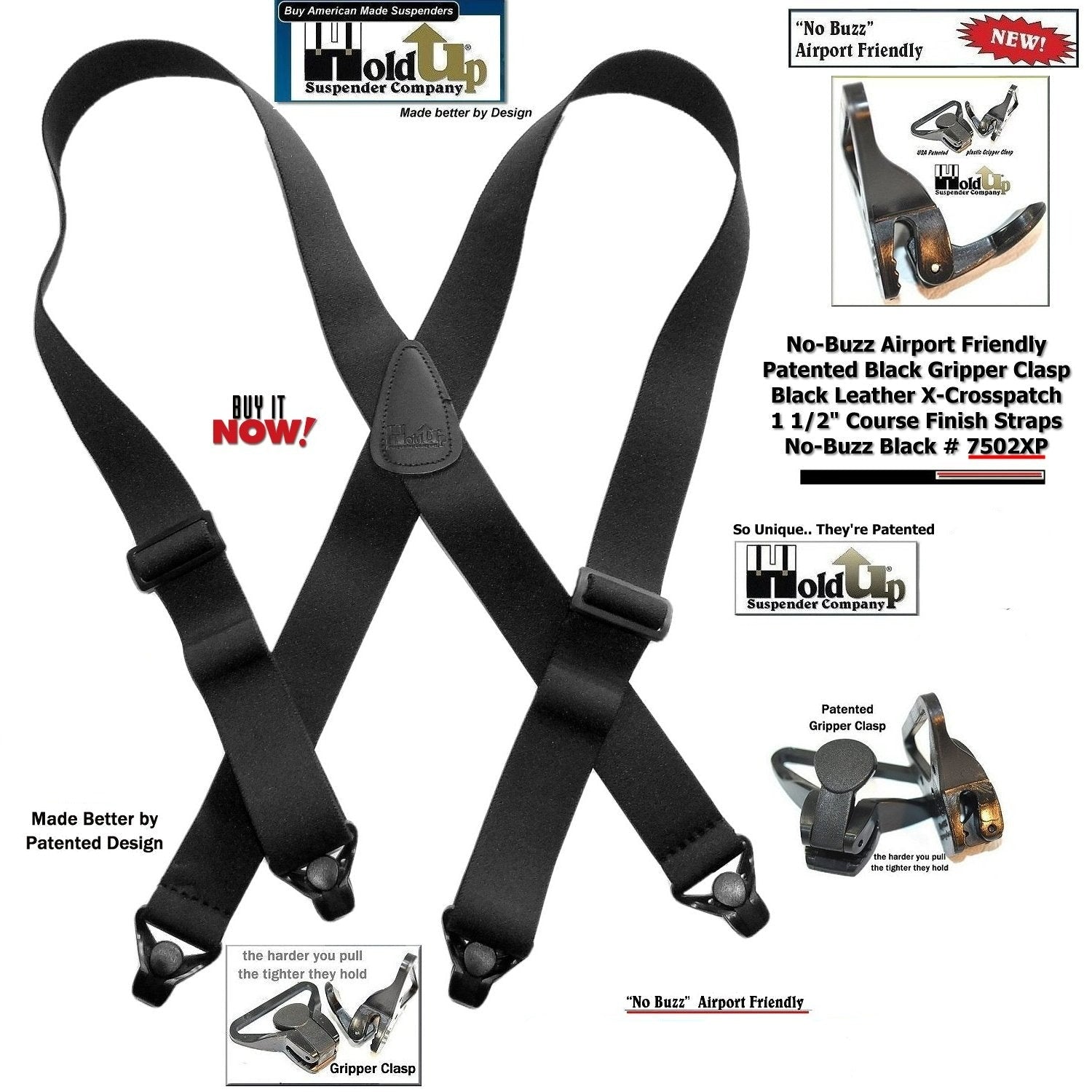 No-Buzz black suspenders with gripper clasp, ideal for travel