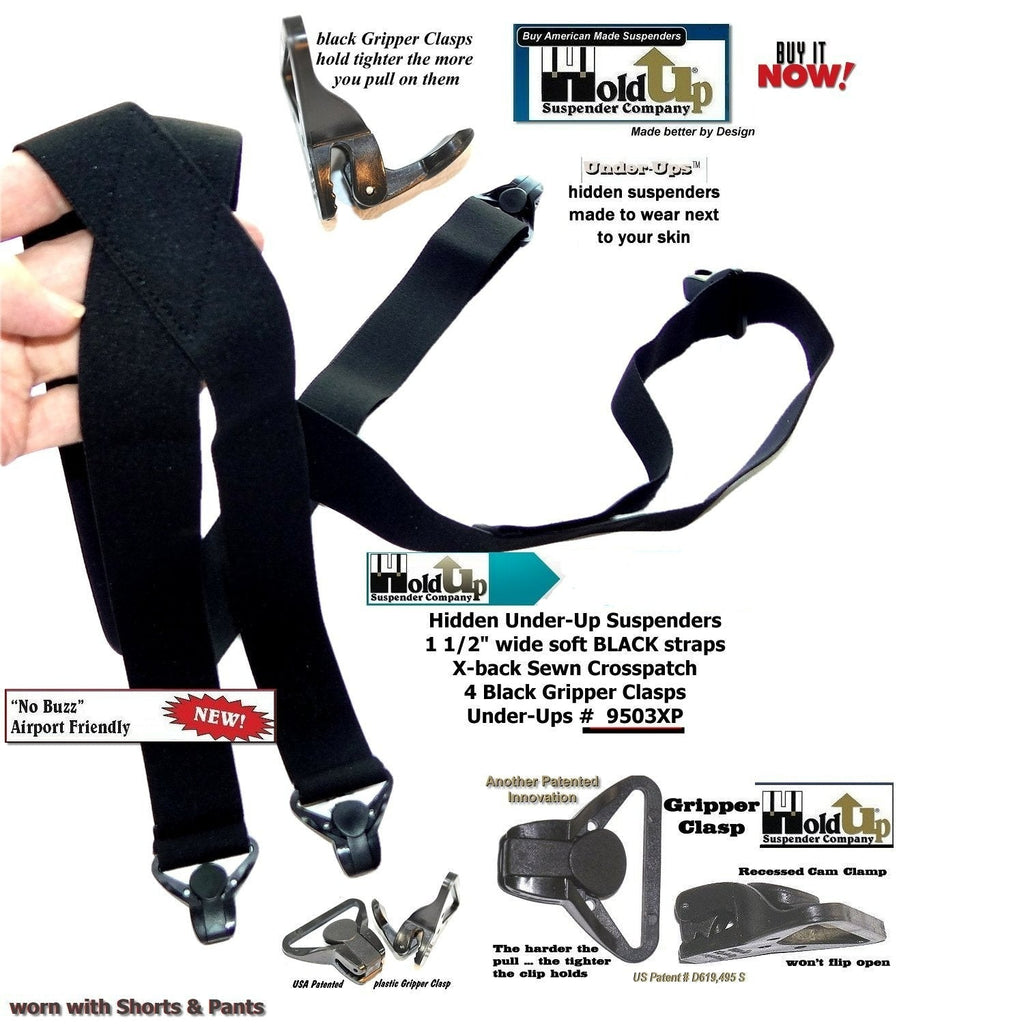 Holdup black suspenders, soft straps for securing pants