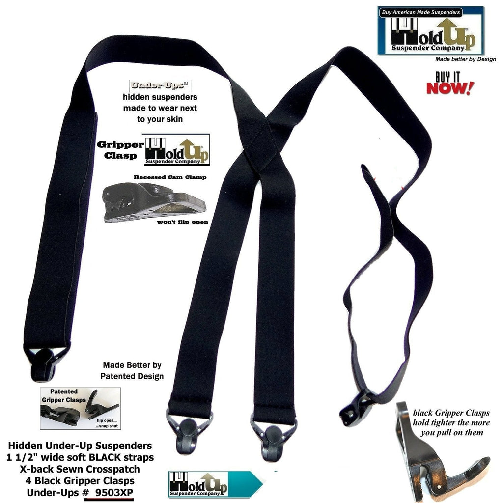Black Hidden Under-Up Suspenders, soft straps for everyday use