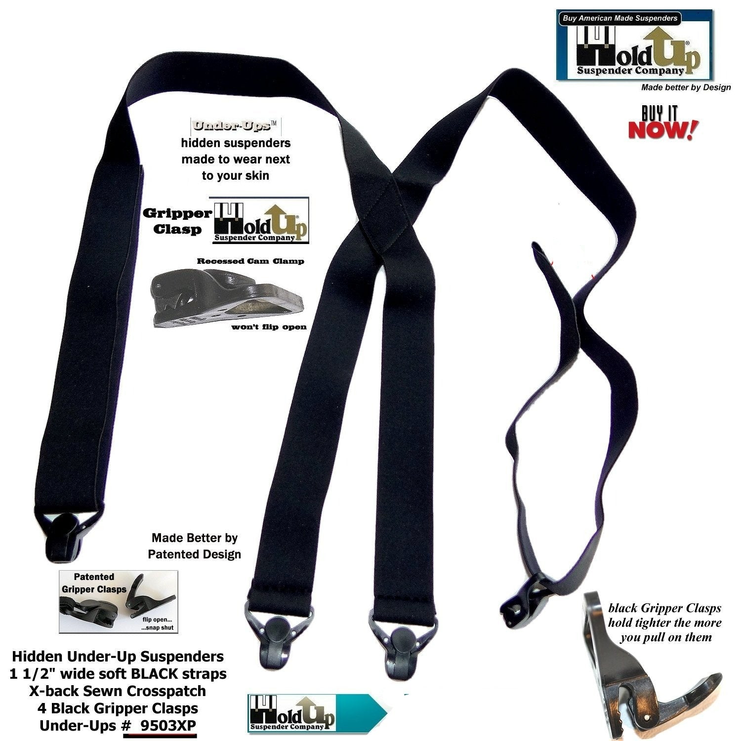 Black Hidden Under-Up Suspenders, soft straps for everyday use