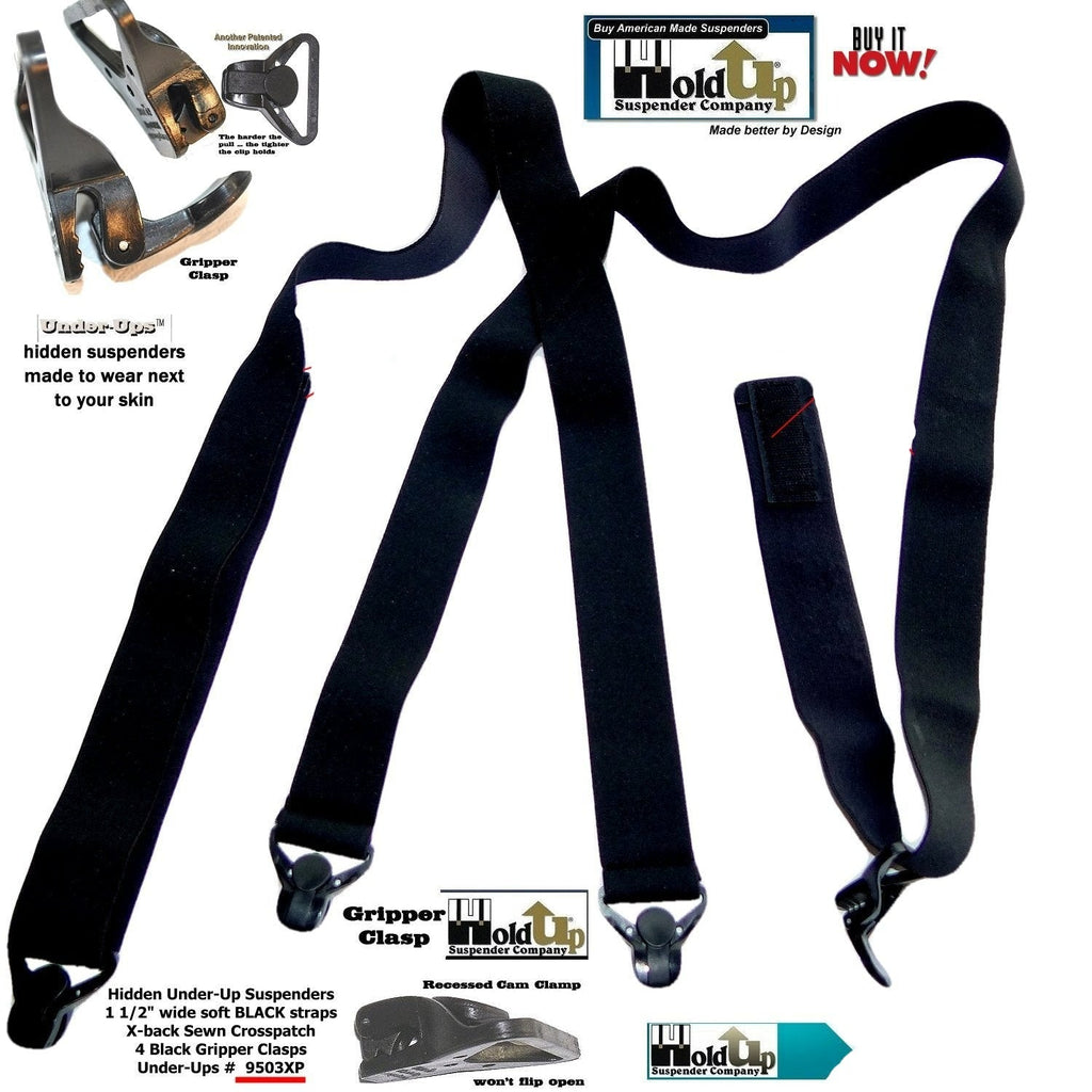 Men's black suspenders from Holdup Suspender Company, durable with gripper clasps