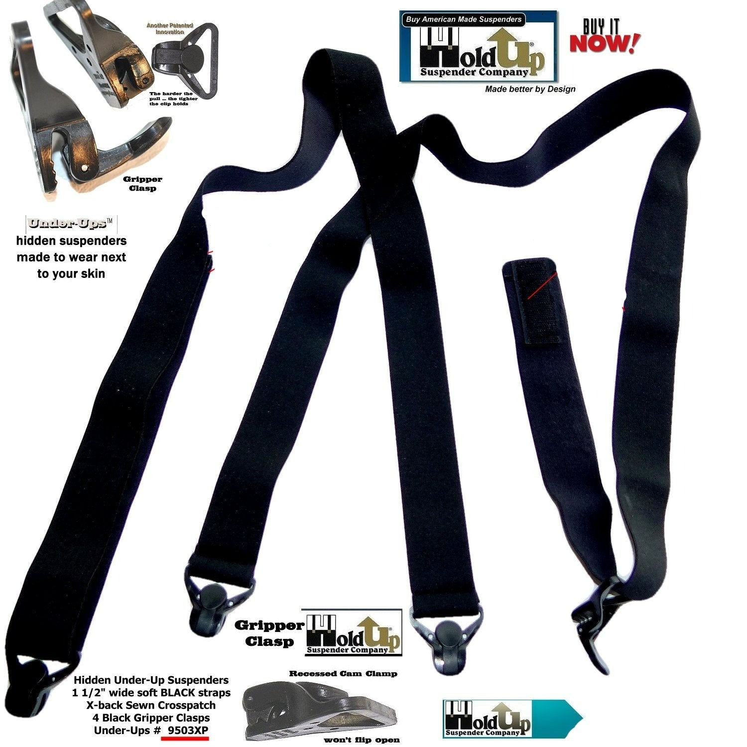 Men's black suspenders from Holdup Suspender Company, durable with gripper clasps