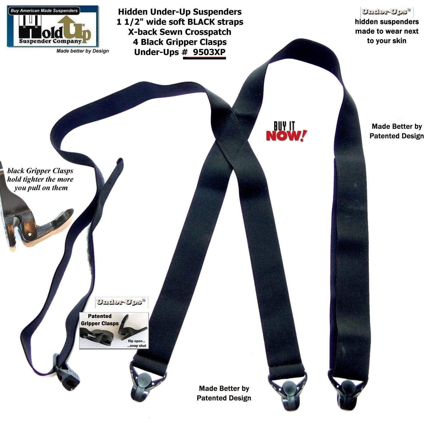 Men's black suspenders, soft straps with Gripper Clasps for a secure fit