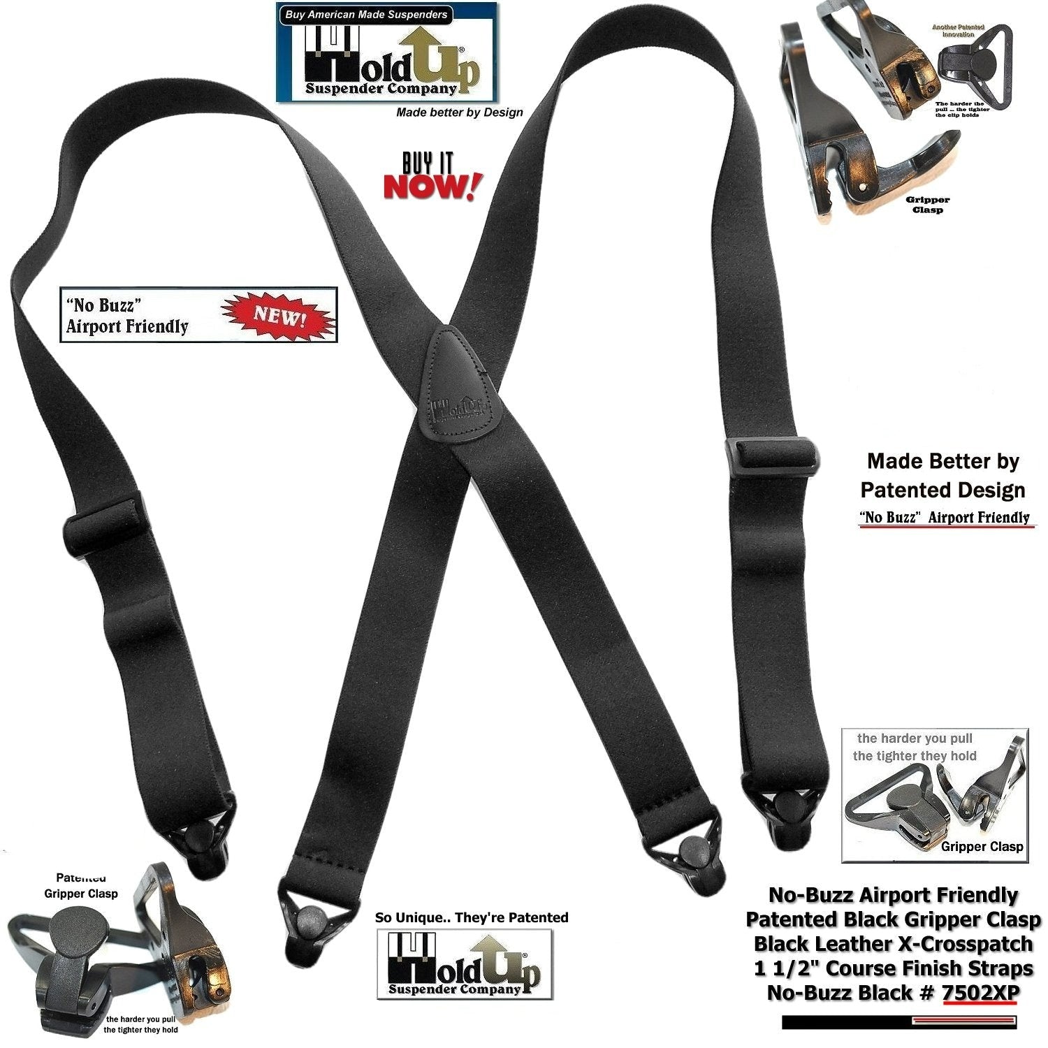 Men's black leather suspenders, airport-friendly design for comfort