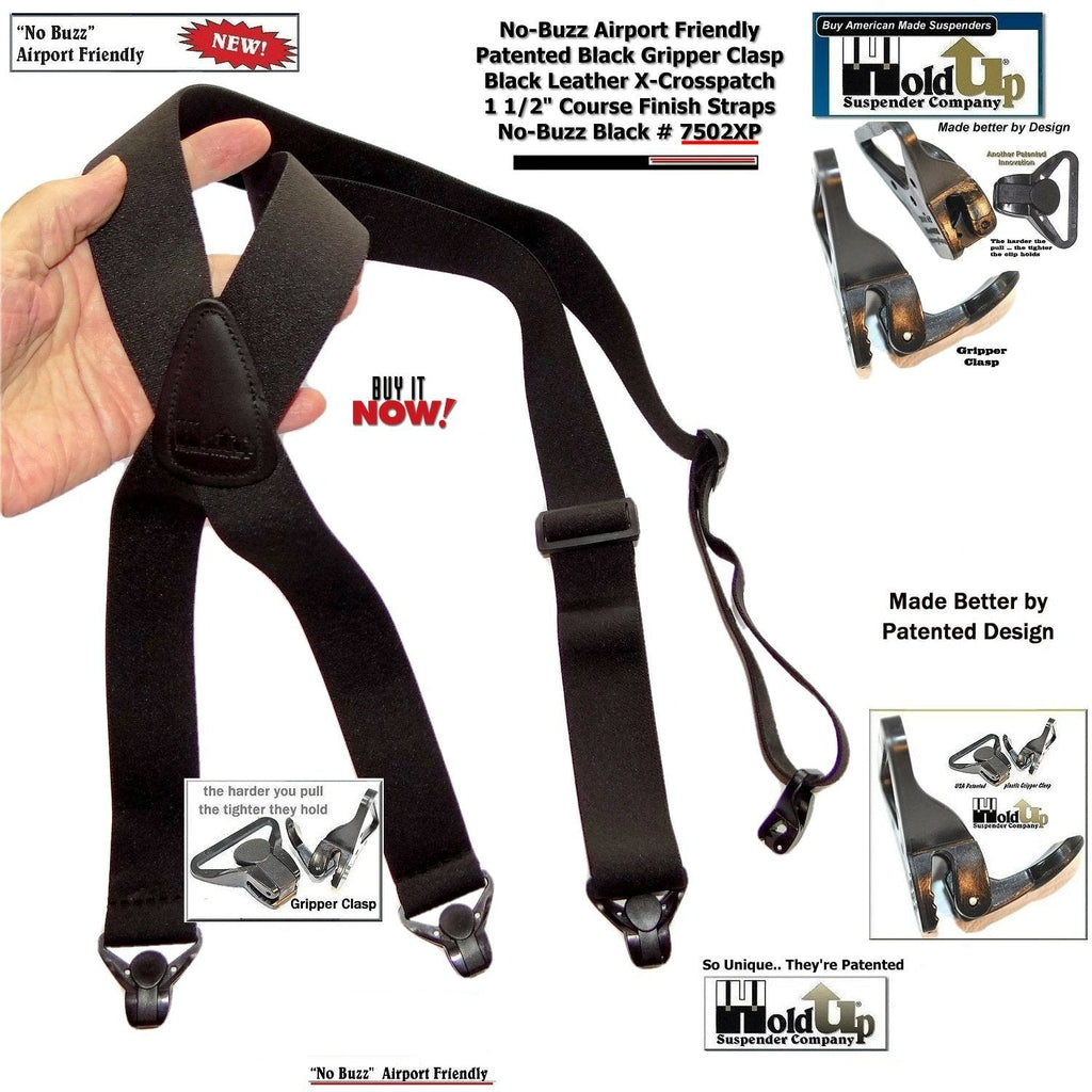 Men's black X-Crossback suspenders, leather grips, airport friendly design