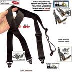Men's black X-Crossback suspenders, leather grips, airport friendly design