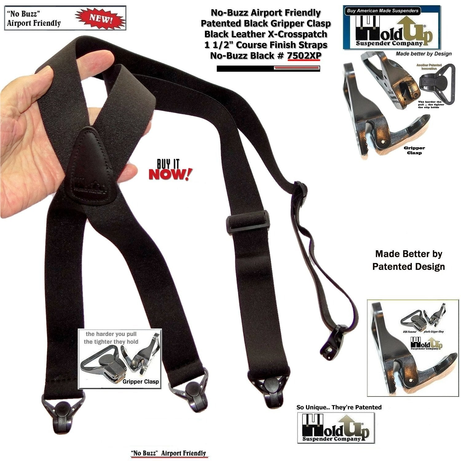 Men's black X-Crossback suspenders, leather grips, airport friendly design