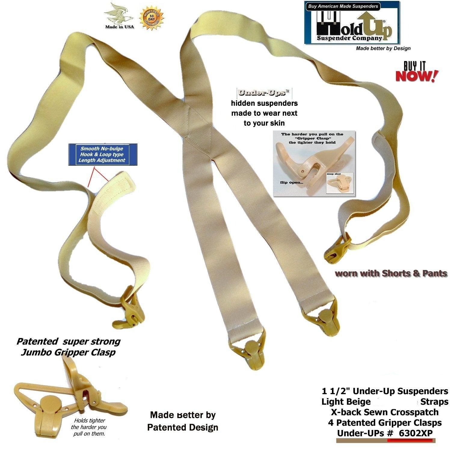 Men's light beige suspenders, under-up style, comfortable for everyday wear
