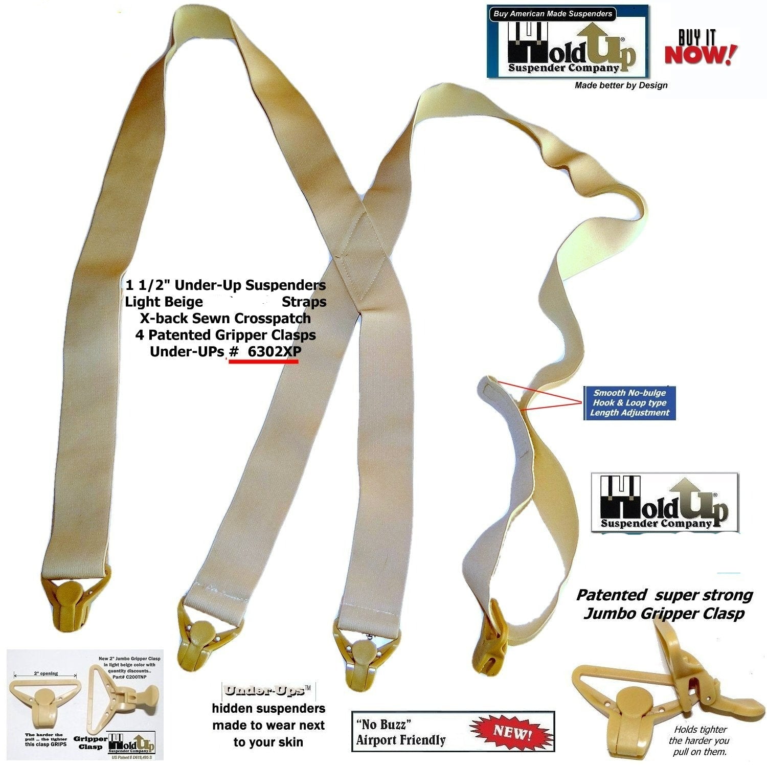 Men's light beige suspenders with X-back design and gripper clasps