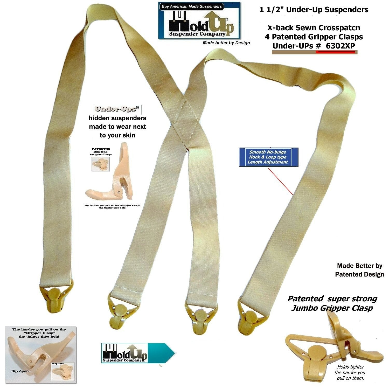 1.5-inch under-up suspenders in tan with patented gripper clasps