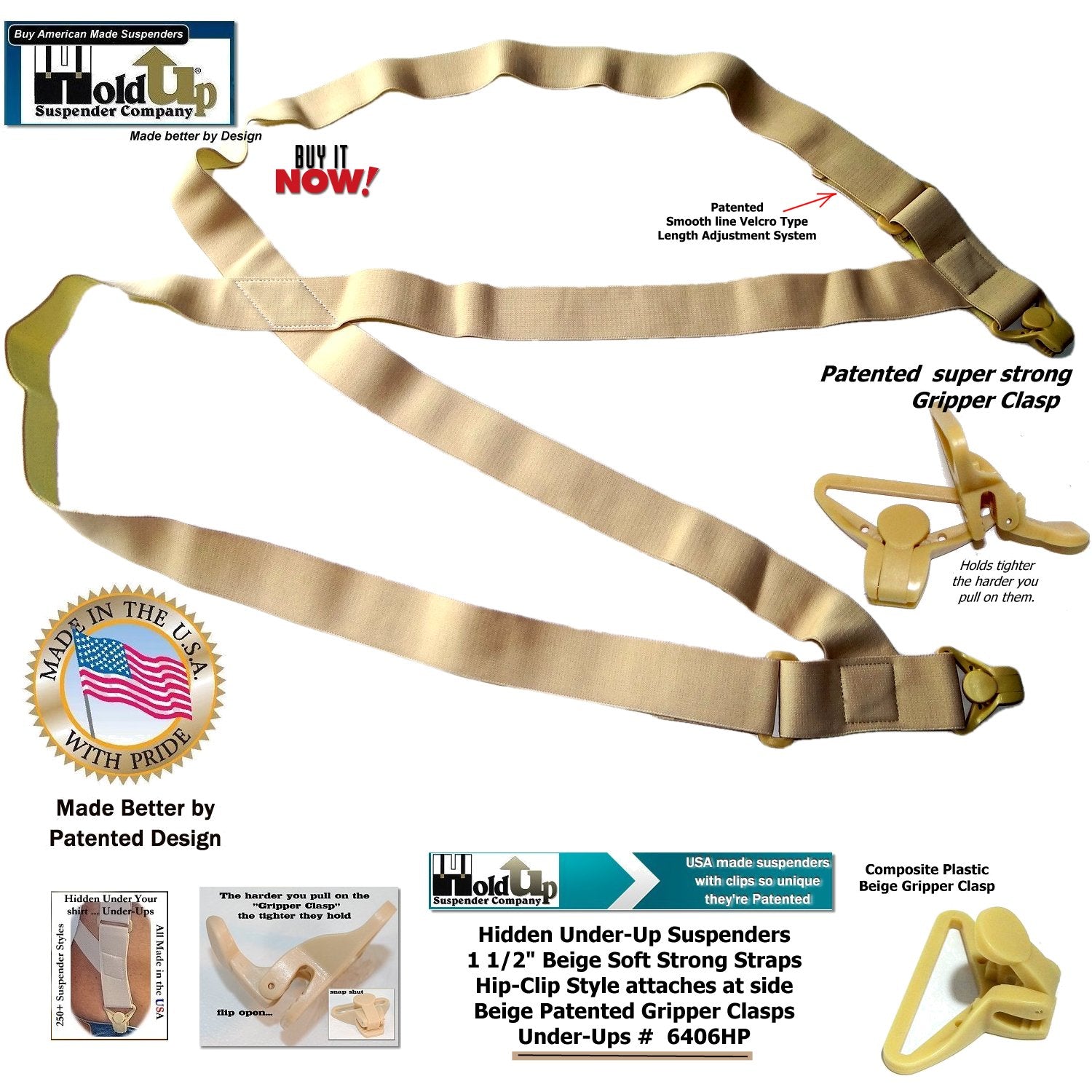 Men's beige suspenders with strong gripper clasp for stylish support