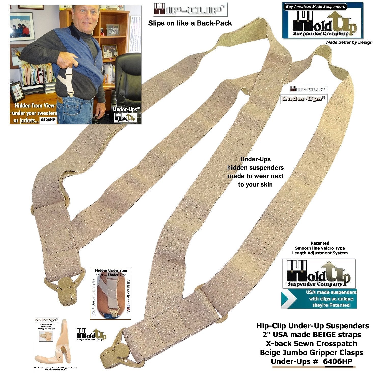Beige Holdup suspenders with gripper clasps, perfect for hidden support